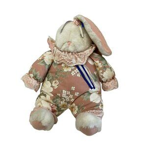 Vintage Floral Plush Bunny Rabbit Toy With‎ Lace & Blue Ribbon By TLToys 14"